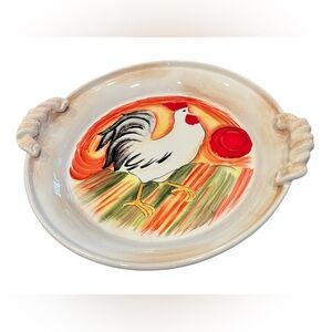 Fitz & Floyd Chanteclair Rooster Deep Round Platter Tray Handles Farmhouse EUC